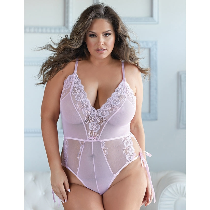 Allure Lace and Mesh Tie Up Romper-Pink 1X/2X-Boxed