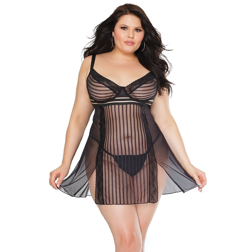 Coquette Babydoll & G-String Set-Black 3X/4X-Hanging