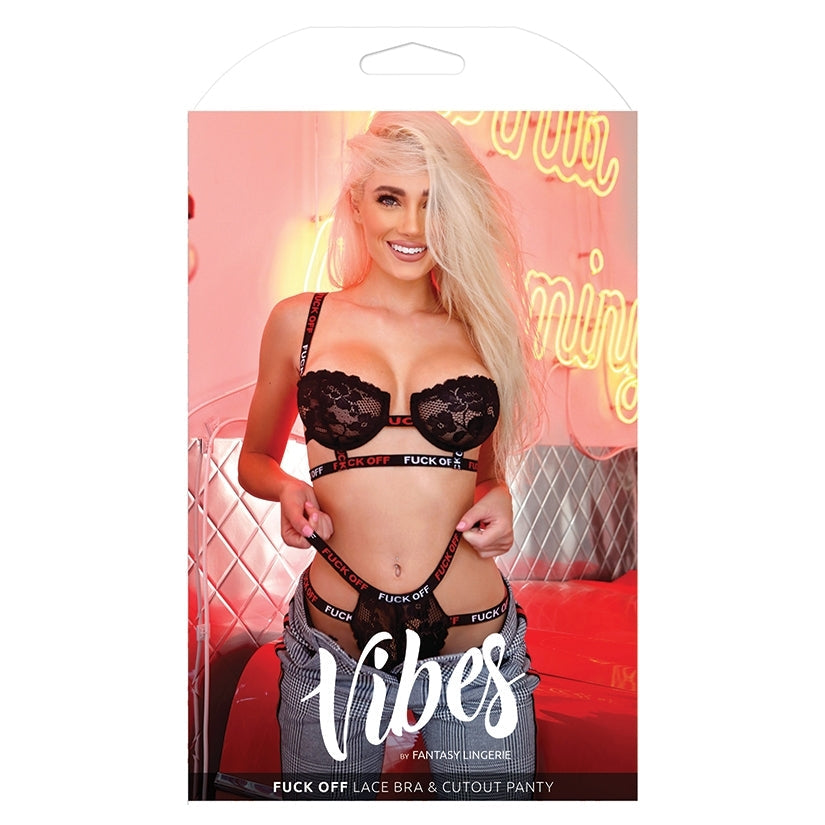Fantasy Lingerie Fuck Off Lace Bra & Cutout Panty-Black L/XL-Boxed