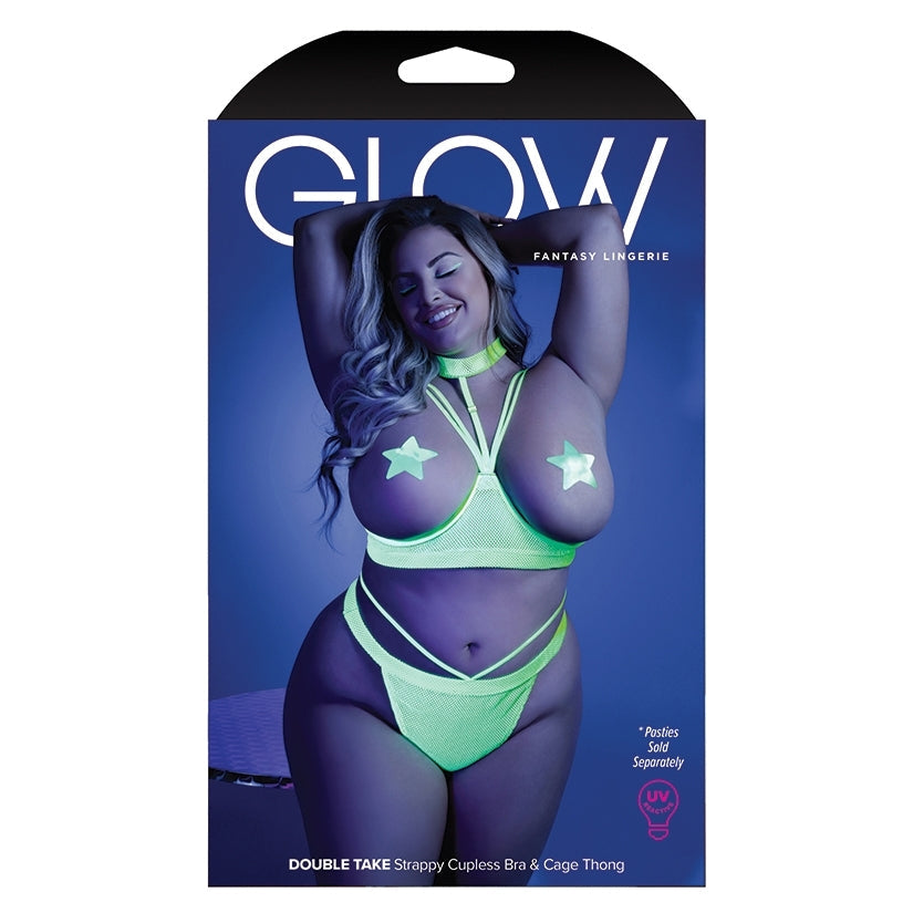 Fantasy Lingerie Glow Double Take Open Cup Bra & Thong-Neon Green Queen-Boxed