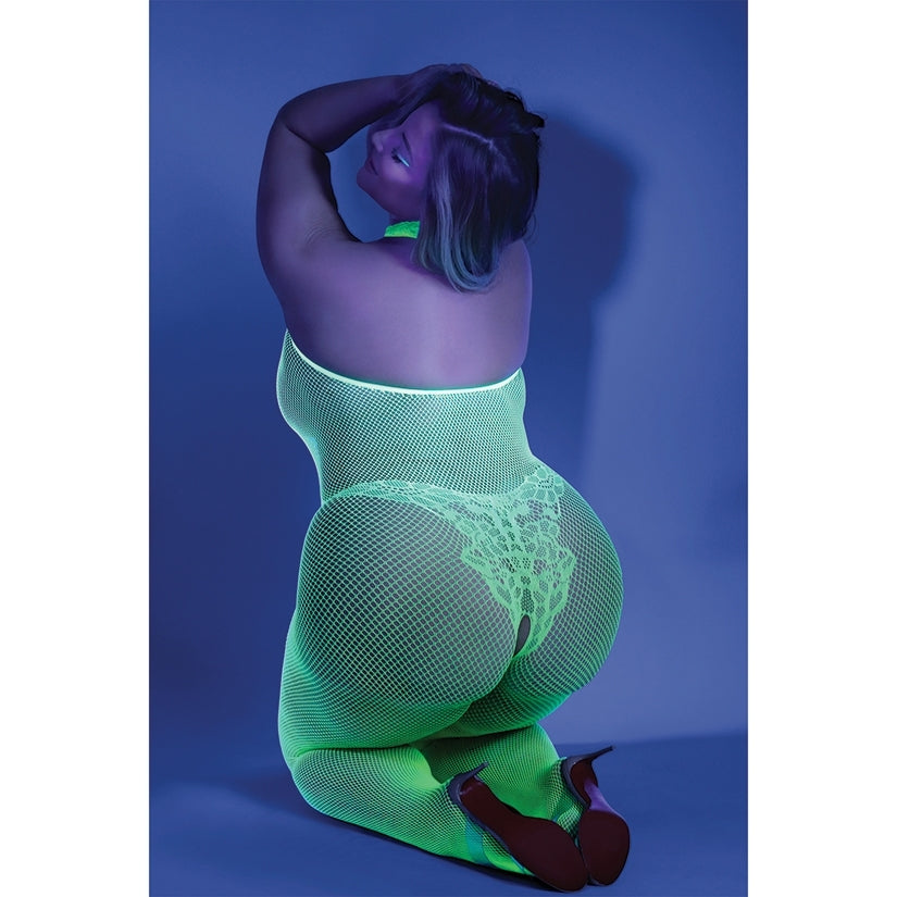Fantasy Lingerie Glow Moonbeam Crotchless Bodystocking-Neon Green Queen-Boxed