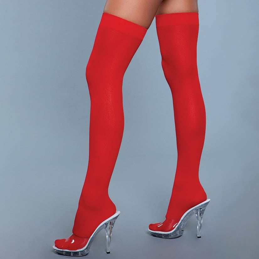 BeWicked Opaque Nylon Thigh Highs-Red O/S-Boxed