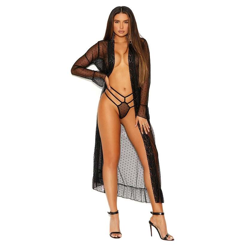 Elegant Moments Long Sleeve Dotted Mesh Robe & Panty-Black 1X-Hanging
