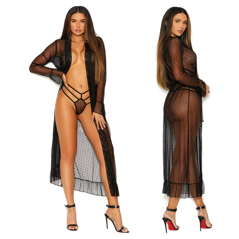 Elegant Moments Long Sleeve Dotted Mesh Robe & Panty-Black 1X-Hanging