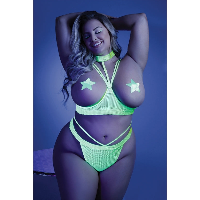 Fantasy Lingerie Glow Double Take Open Cup Bra & Thong-Neon Green Queen-Boxed