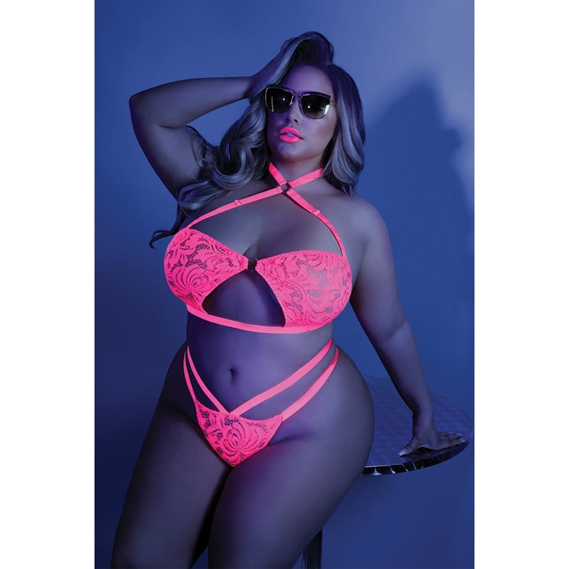 Fantasy Lingerie Glow Lights Off Bralette & Panty-Neon Pink Queen-Boxed