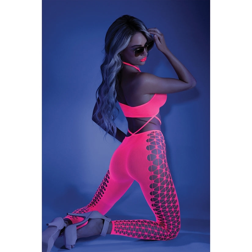 Fantasy Lingerie Glow Own The Night Bodystocking-Neon Pink O/S-Boxed