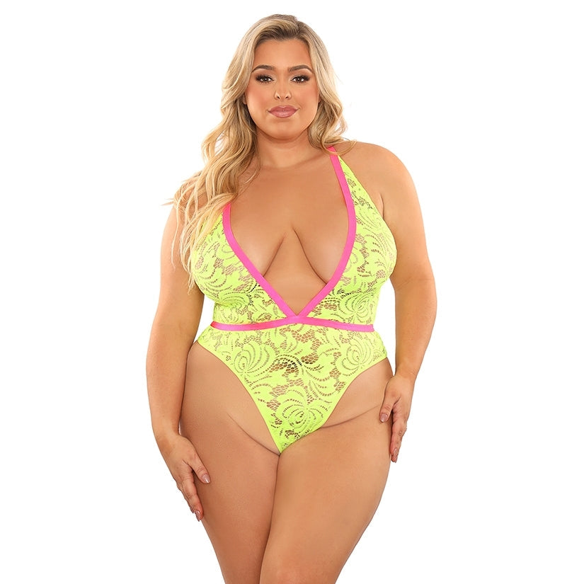 Fantasy Lingerie Glow Spotlight Contrast Elastic Lace Teddy-Neon Green QUEEN