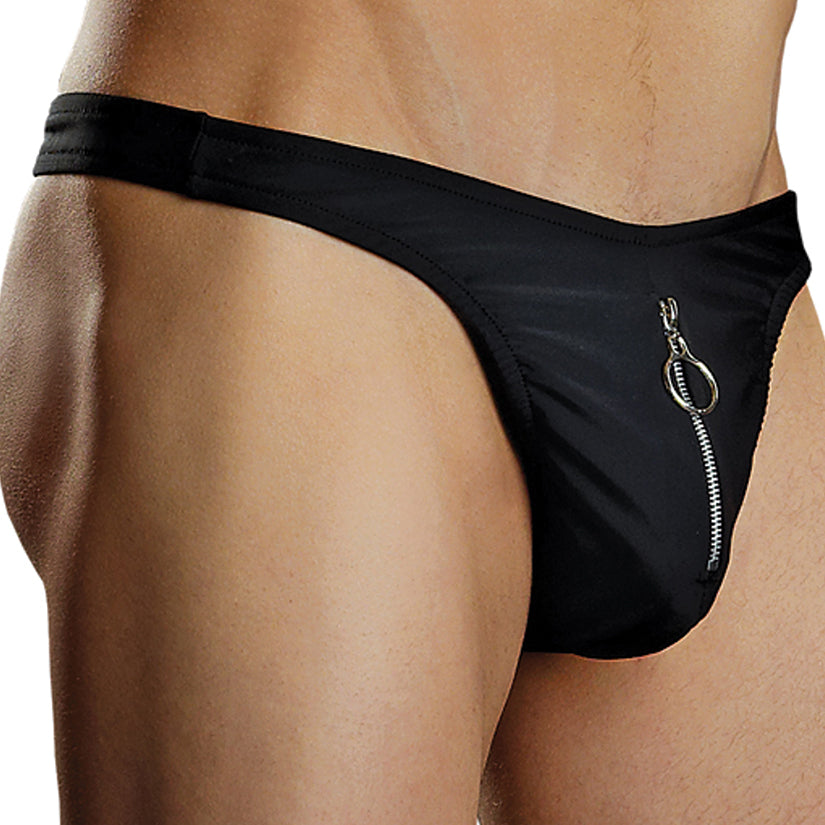 Male Power Nylon Spandex Zipper Thong-Black L/XL-Boxed