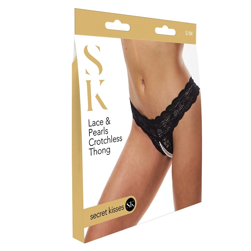 Secret Kisses Lace and Pearls Crotchless Thong-Black SM-Boxed